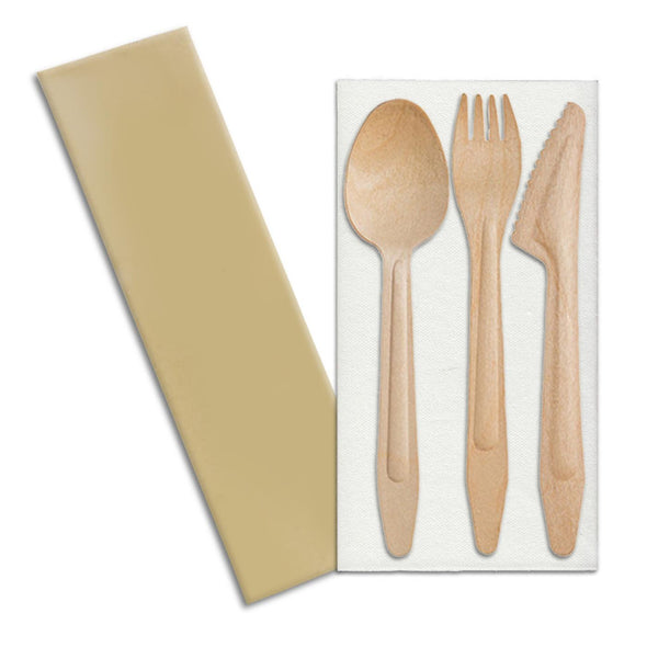 Natural Birch Wood Eco-Friendly Disposable Cutlery Set with Napkin - Spoons, Forks, Knives, and Napkins