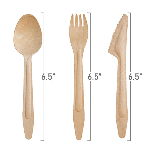 Natural Birch Eco Friendly Disposable Wooden Cutlery Set - 100 Spoons, 100 Forks and 100 Knives