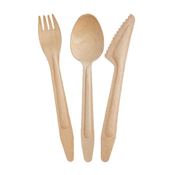 Natural Birch Eco Friendly Disposable Wooden Cutlery Set - 100 Spoons, 100 Forks and 100 Knives