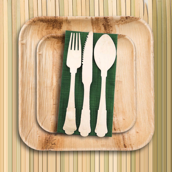 Silhouette Palm Leaf Eco Friendly Disposable Wooden Cutlery Set -  Spoons,  Forks and  Knives