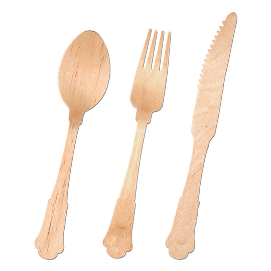 Silhouette Birch Wood Eco Friendly Disposable Wooden Cutlery Set - Spoons, Forks and Knives