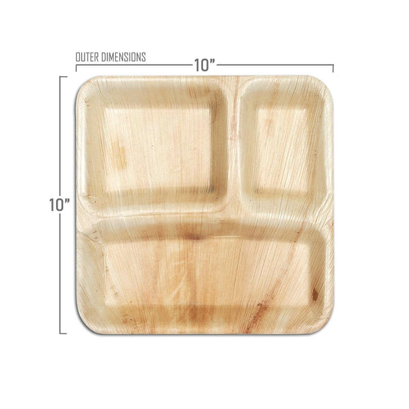 10 Square Palm Leaf 3-Partition Eco Friendly Disposable Dinner Plates