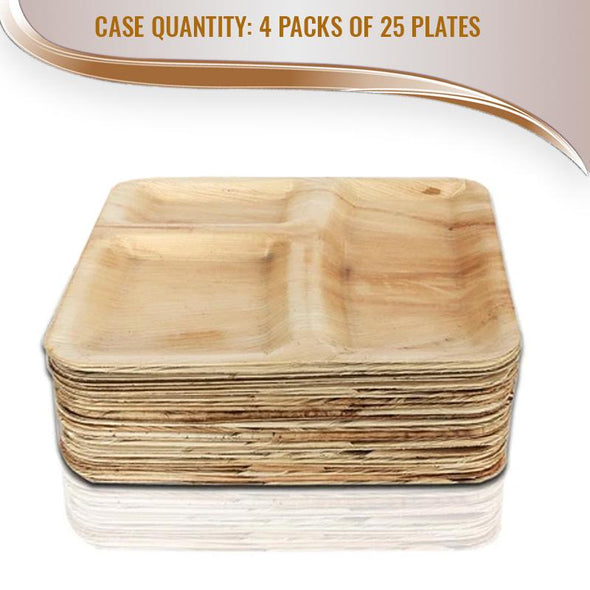 10 Square Palm Leaf 3-Partition Eco Friendly Disposable Dinner Plates